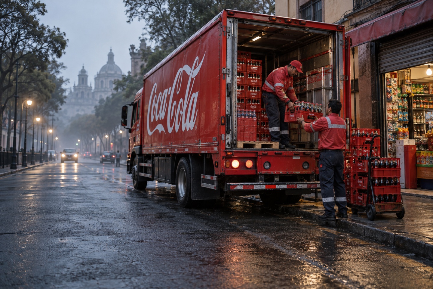Operación de distribución de Coca-Cola en una calle urbana durante una mañana fría